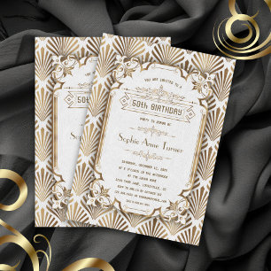 Luxury Guld White Art Deco Gatsby 50:e födelsedage Inbjudningar