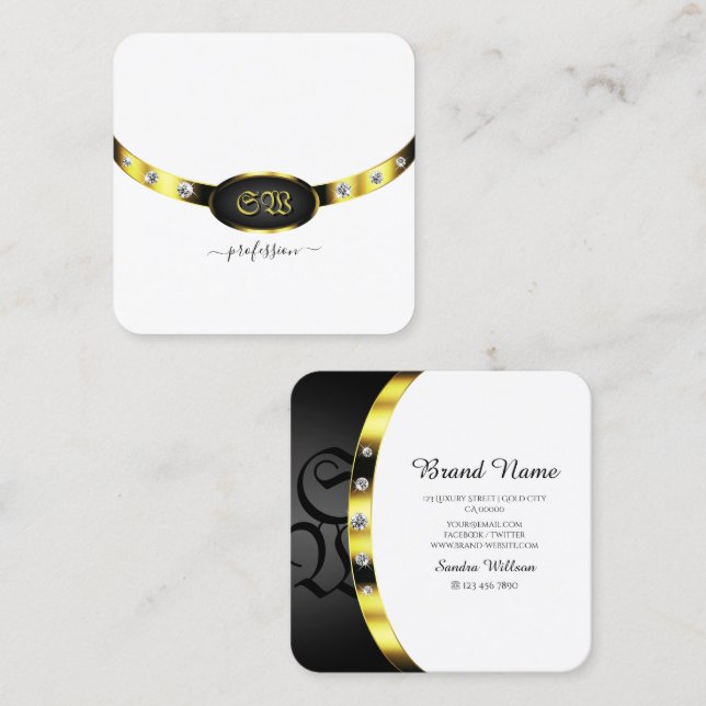Luxury Guld White och Black Monogram med diamanter Fyrkantigt Visitkort (Fram/baksida)