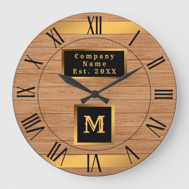 Luxury Guld Wood Modern Monogramme Stor Klocka (Framsida)