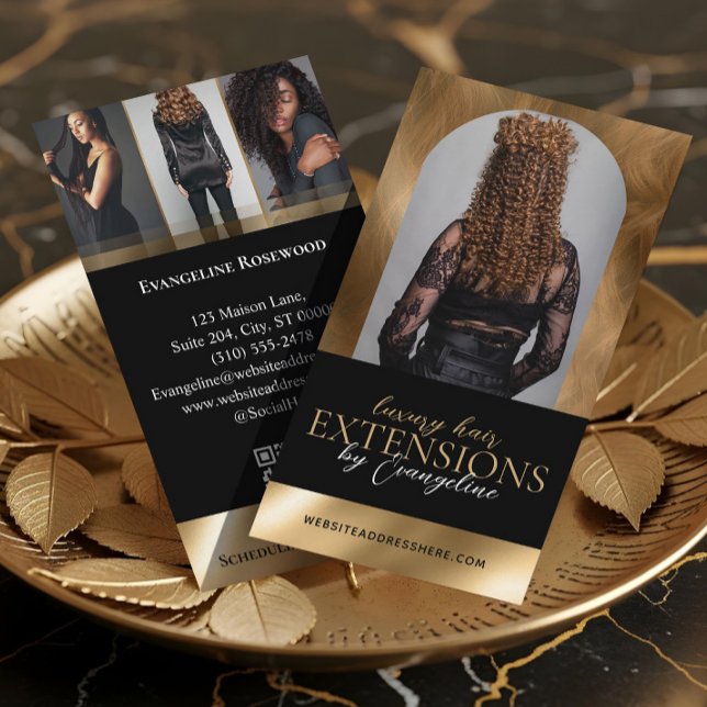 Luxury Hair Extensions Salon Arch Photo Black Gold Visitkort (Luxury Hair Extensions Salon Arch Photo Black Gold Business Card)
