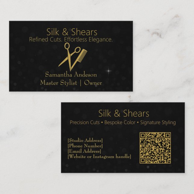Luxury Hair Studio Affärskort med Glitter Visitkort (Fram/baksida)