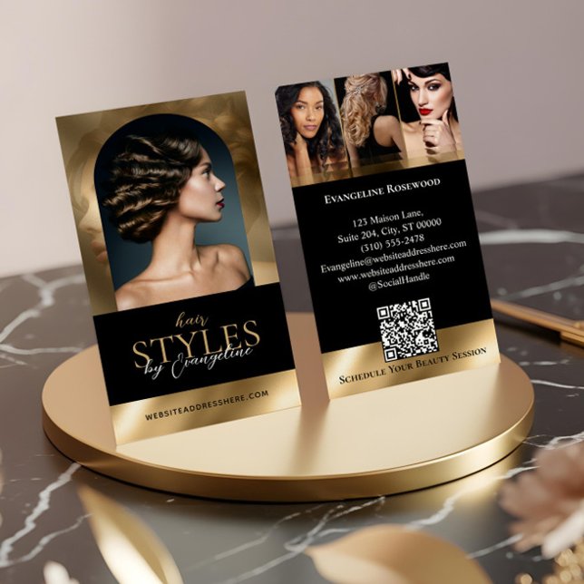 Luxury Hair Stylist Salon Arch Photo Black Gold Visitkort (Luxury Hair Stylist Salon Arch Photo Black Gold Business Card)
