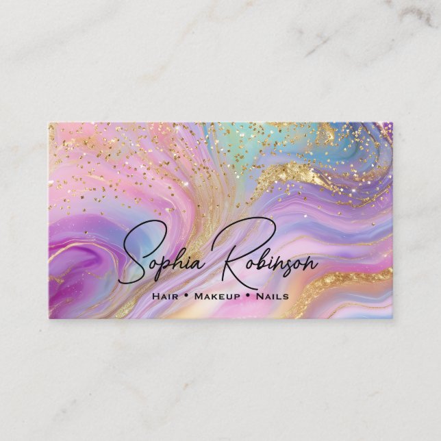 Luxury Holographic Colors Marble & Gold Glitter Visitkort (Framsida)