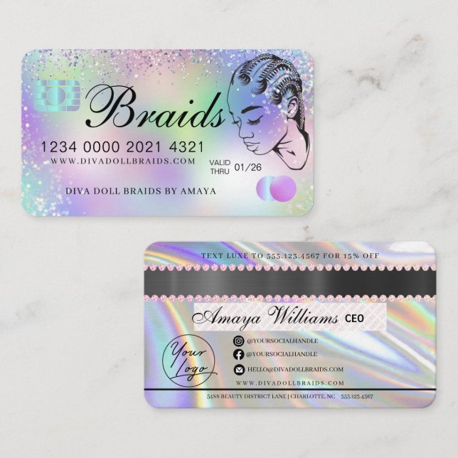 Luxury Holography Foil Hair Braiding Kredit Stil Visitkort (Fram/baksida)