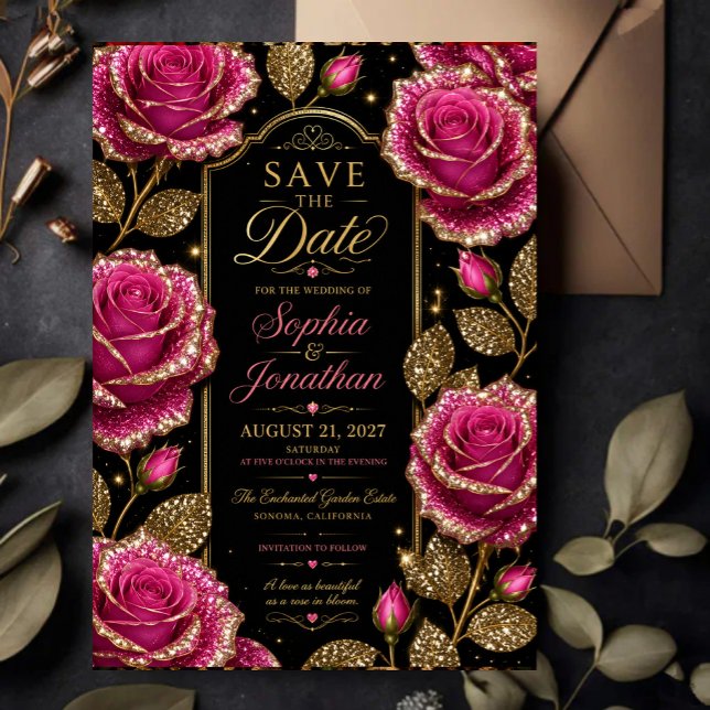Luxury Hot Pink Glitter Rose Spara Datumet (Skapare uppladdad)