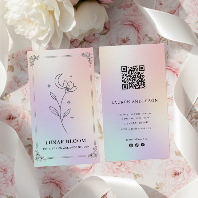Luxury Iridescent Holographic Floral QR Code  Visitkort (Skapare uppladdad)