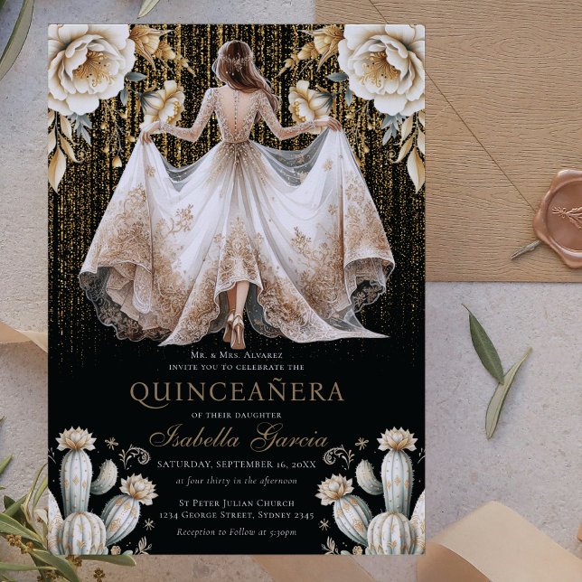 Luxury Ivory Black Guld Quinceañera Inbjudningar (Skapare uppladdad)