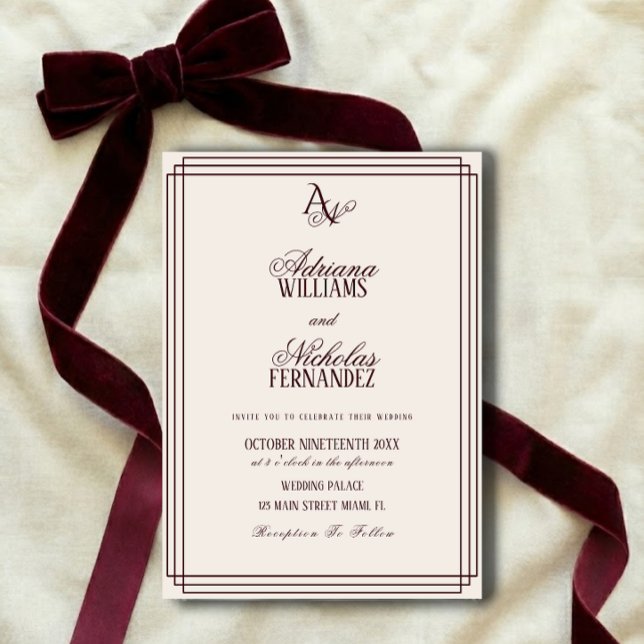 Luxury Ivory Burgundy Monogram Wedding Inbjudningar (Skapare uppladdad)