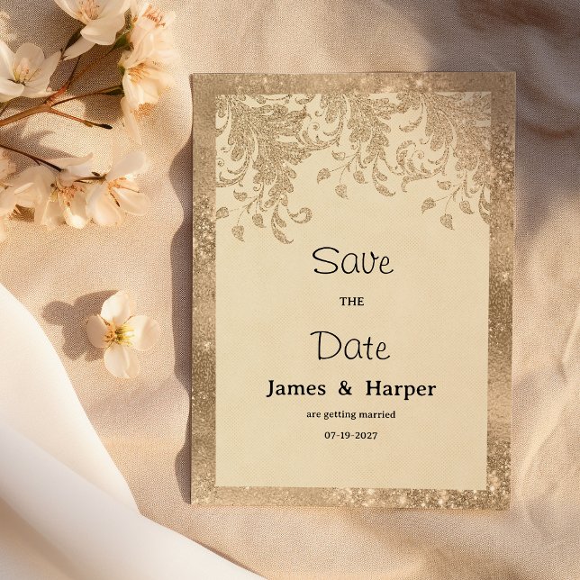 Luxury ivory gold glitter lace flora Save the Date Inbjudningar (Luxury ivory gold glitter lace flora Save the Date)