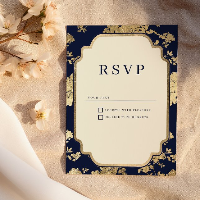 Luxury ivory navy blue gold floral RSVP Inbjudningar (Luxury ivory navy blue gold floral RSVP )