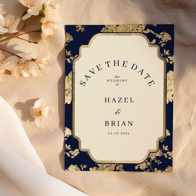 Luxury ivory navy blue gold floral Save the Date  Inbjudningar (Luxury ivory navy blue gold floral Save the Date)