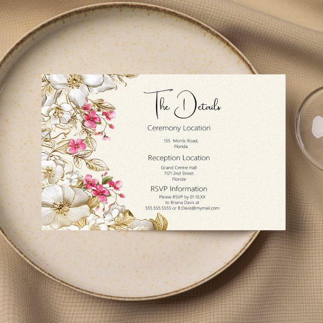 Luxury ivory pink white gold flowers Details Card Tilläggskort (Luxury ivory pink white gold flowers Details Card)