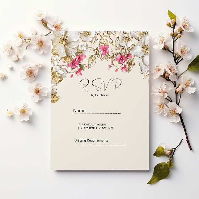 Luxury ivory pink white gold flowers RSVP  Inbjudningar (Luxury ivory pink white gold flowers RSVP)