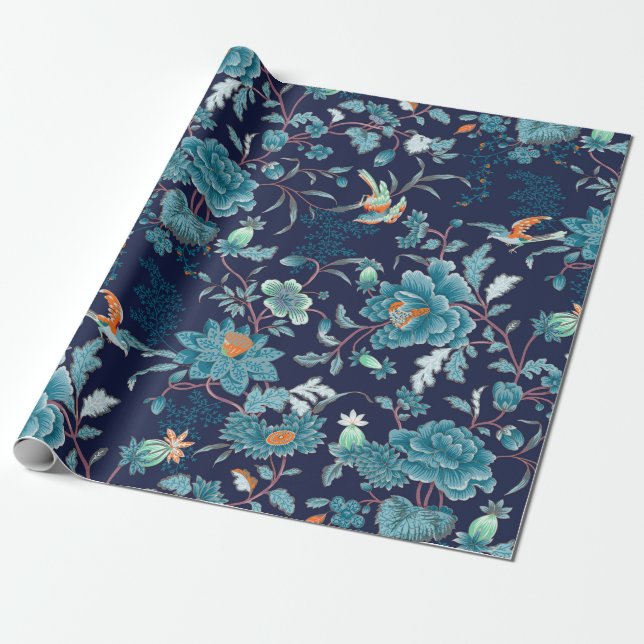 Luxury Japanska Blue Peony och Birds Romantic Presentpapper (Utrullad)