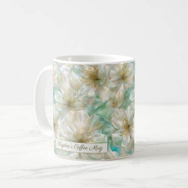 Luxury Jasmine Golden Sage Green Floral Script  Kaffemugg (Framsida vänster)