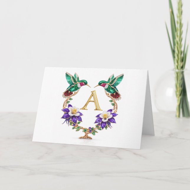 Luxury Jeweled Hummingbird Monogram A Wedding Tack Kort (Framsida)