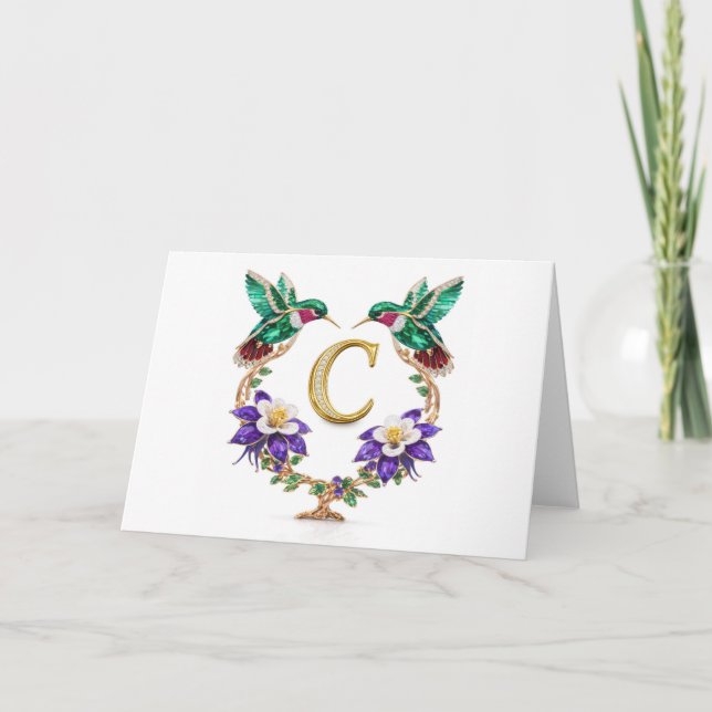 Luxury Jeweled Hummingbird Monogram C Wedding Tack Kort (Framsida)