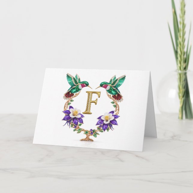 Luxury Jeweled Hummingbird Monogram F Wedding Tack Kort (Framsida)