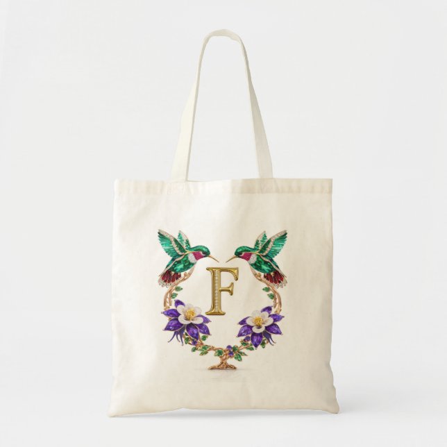 Luxury Jeweled Hummingbird Monogram F Wedding Tote Tygkasse (Framsidan)
