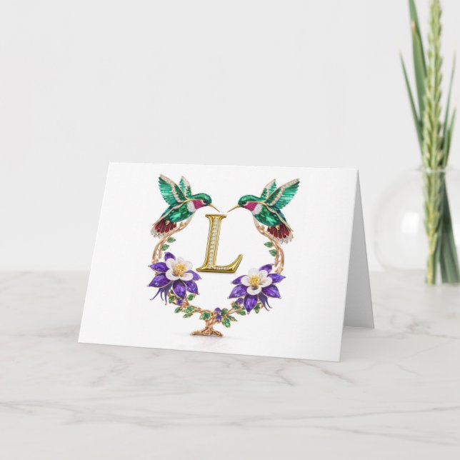 Luxury Jeweled Hummingbird Monogram L Wedding Tack Kort (Framsida)