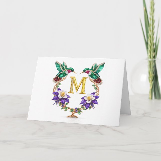 Luxury Jeweled Hummingbird Monogram M Wedding Tack Kort (Framsida)