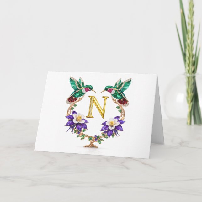 Luxury Jeweled Hummingbird Monogram N Wedding Tack Kort (Framsida)