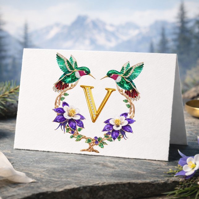 Luxury Jeweled Hummingbird Monogram V Wedding Than Tack Kort (Skapare uppladdad)