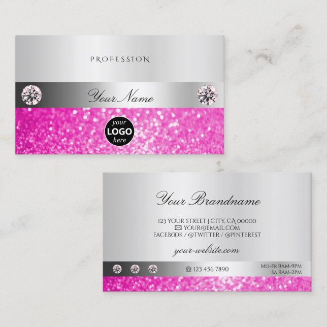 Luxury Jewels Silver Shimmer Rosa Glitter Add Logo Visitkort (Fram/baksida)