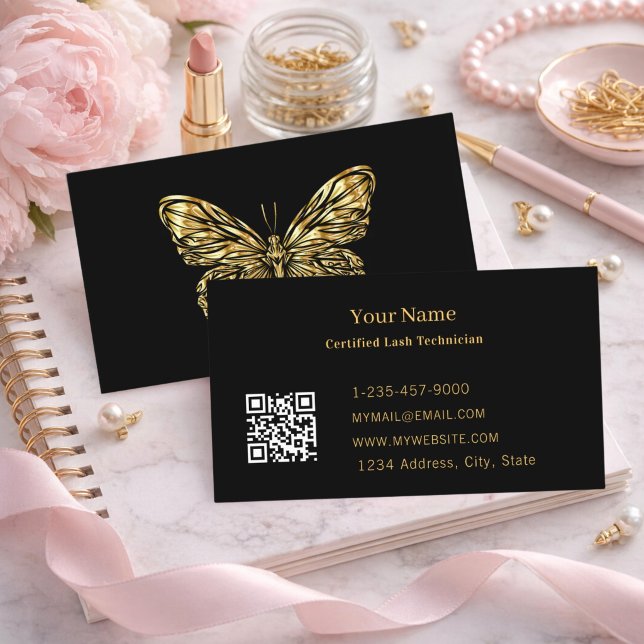 Luxury Lash Tech Black Gold Butterfly QR Code Visitkort (Skapare uppladdad)
