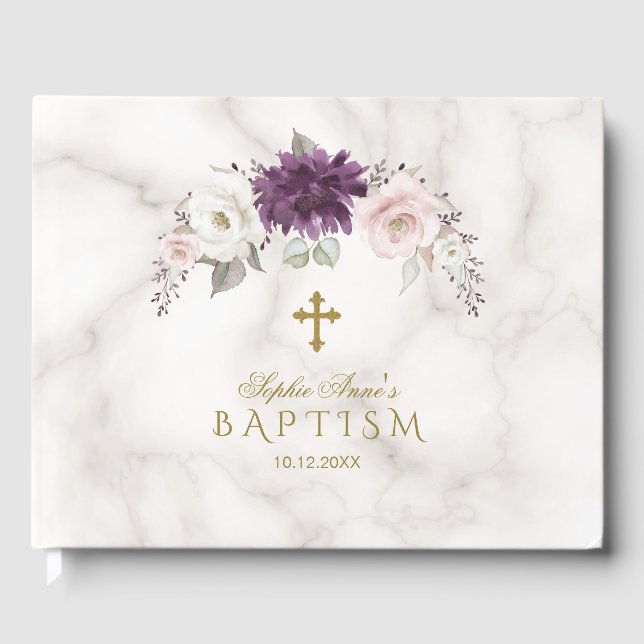 Luxury Lavender  Blommigt Kor Marble Baptism Gästböcker (Framsida)