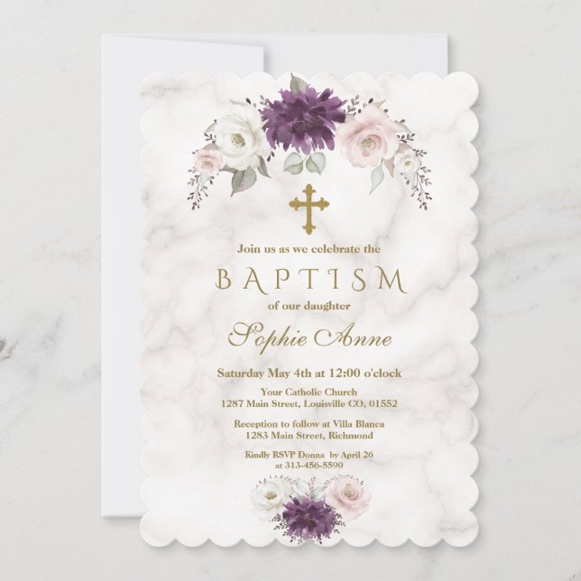 Luxury Lavender  Blommigt Kor Marble Baptism Inbjudningar (Framsida)