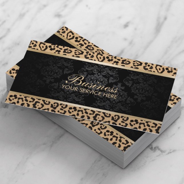 Luxury Leopard Black Damask Beauty Salon Visitkort (Skapare uppladdad)