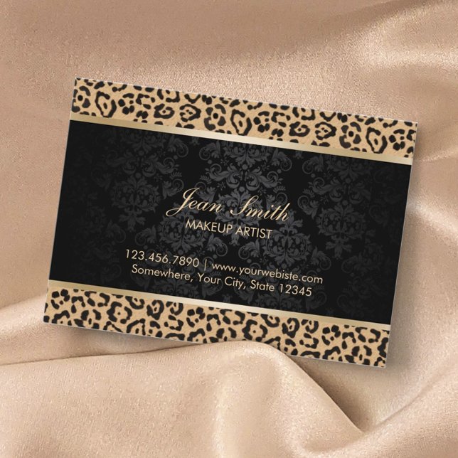 Luxury Leopard Print & Damask Makeup Artist Visitkort (Skapare uppladdad)
