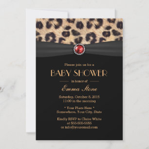 Luxury Leopard Ruby Gem Black Ribbon Baby Shower Inbjudningar