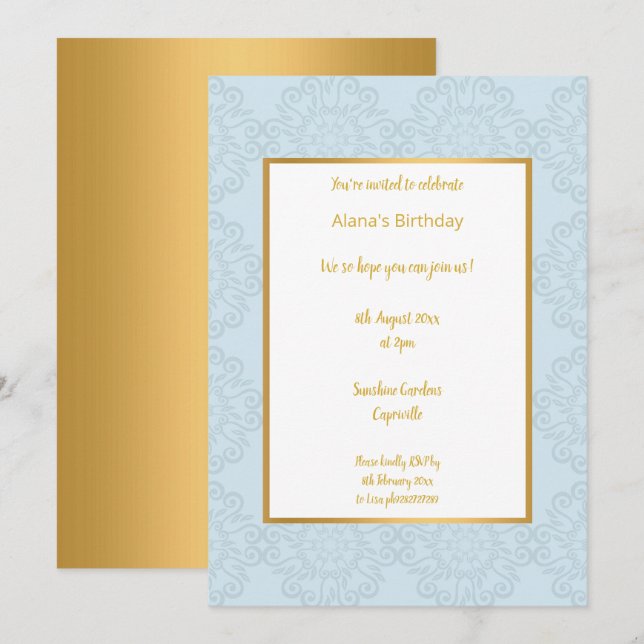 LUXURY LIGHT BLUE GULD ABSTRAKT BIRTHDAY INBJUDNINGAR (Fram/baksida)