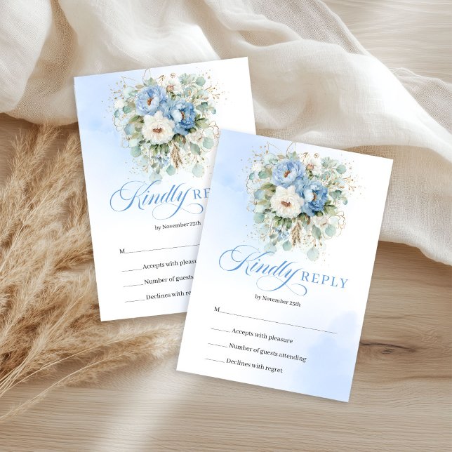 Luxury Light Blue Peonies Gold Wedding RSVP OSA Kort (Luxury Light Blue Peonies Gold Wedding RSVP)