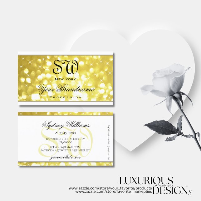 Luxury Light Golden Glitter Stars Monogram White Visitkort (Skapare uppladdad)
