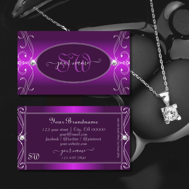 Luxury Lila Ombre Ornate Gnistra Jewels Monogram Visitkort (Skapare uppladdad)