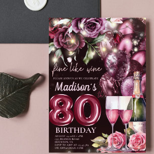 Luxury Magenta Vin Vuxen 80:e födelsedagen Inbjudningar