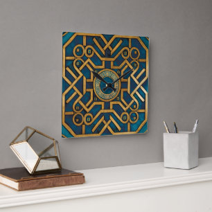 Luxury Marble art Deco Blue Guld Grekiska Nyckel Fyrkantig Klocka