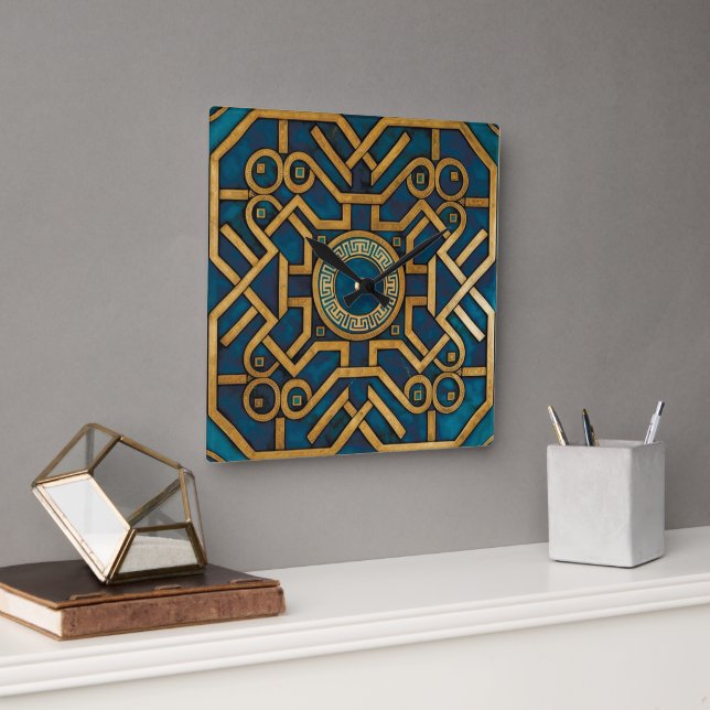 Luxury Marble art Deco Blue Guld Grekiska Nyckel Fyrkantig Klocka (Kontor)