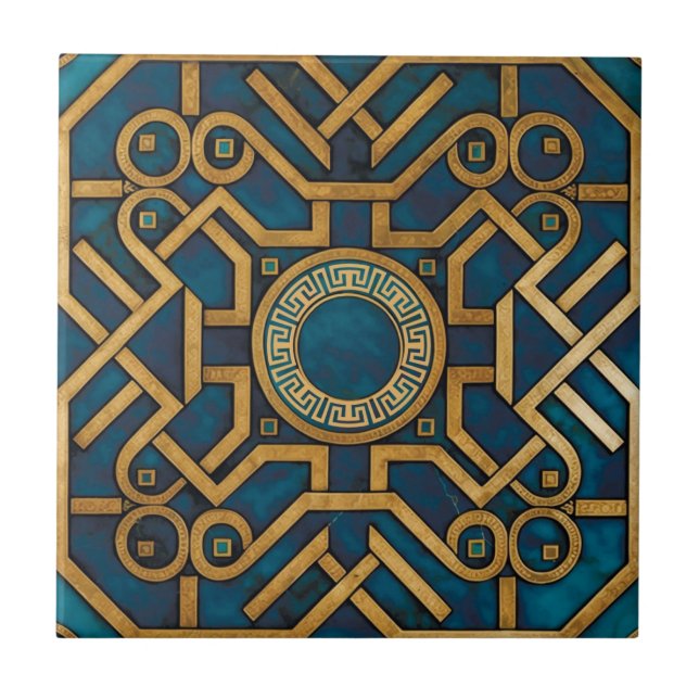 Luxury Marble art Deco Blue Guld Grekiska Nyckel Kakelplatta (Framsidan)