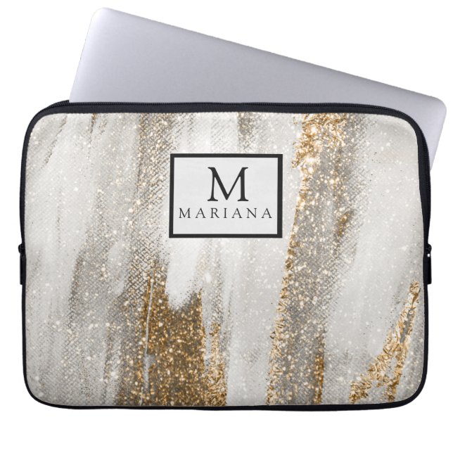 Luxury Marble Guld Strokes white och grått Laptop Fodral (Framsidan)