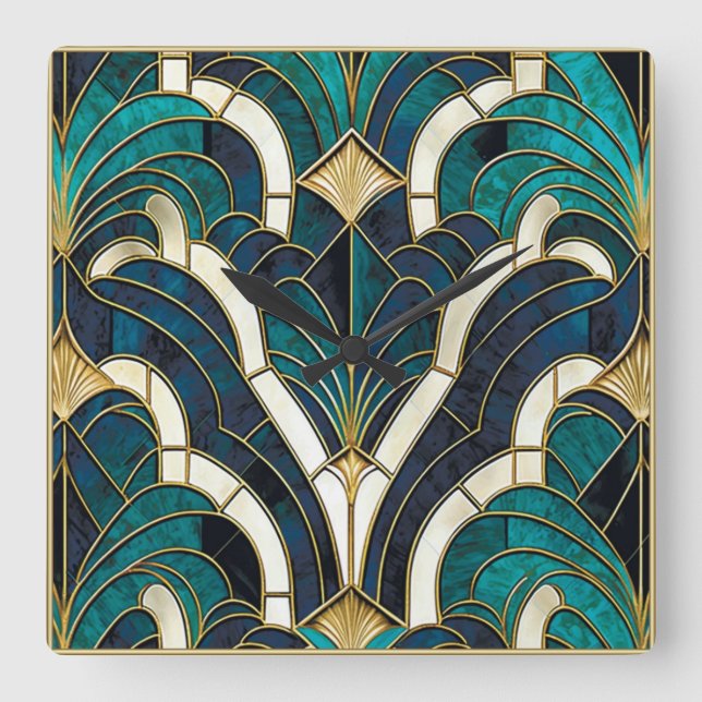 Luxury Marble Mosaic Art Deco Blue Guld & Teal Fyrkantig Klocka (Framsida)