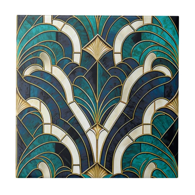 Luxury Marble Mosaic Art Deco Blue Guld & Teal Kakelplatta (Framsidan)