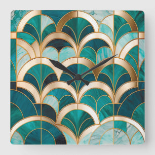 Luxury Marble Mosaic Art Deco Turkvoise Blue Guld Fyrkantig Klocka