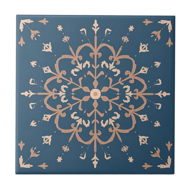 Luxury Mediterranean Blue & Tan Medallion Mönster Kakelplatta (Framsidan)