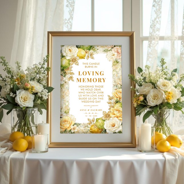 Luxury Mediterranean Lemons & Flowers Memorial Poster (Luxury Delicate Mediterranean Lemons & Flowers Frame Memorial Loved Ones Poster )
