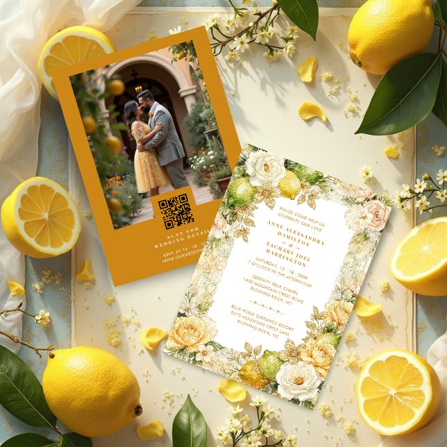 Luxury Mediterranean Lemons & Flowers Photo Inbjudningar (Luxury Delicate Mediterranean Lemons & Flowers Frame Wedding Invitation Cards.)