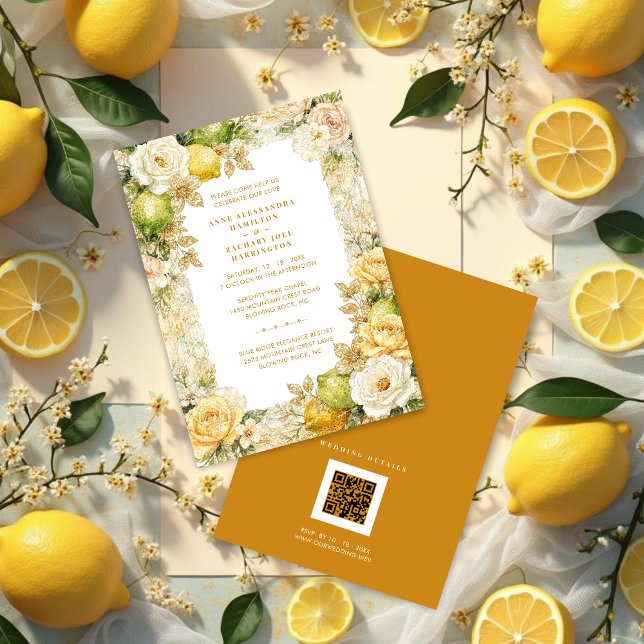 Luxury Mediterranean Lemons & Flowers Wedding Inbjudningar (Luxury Delicate Mediterranean Lemons & Flowers Frame Wedding Invitation Cards.)